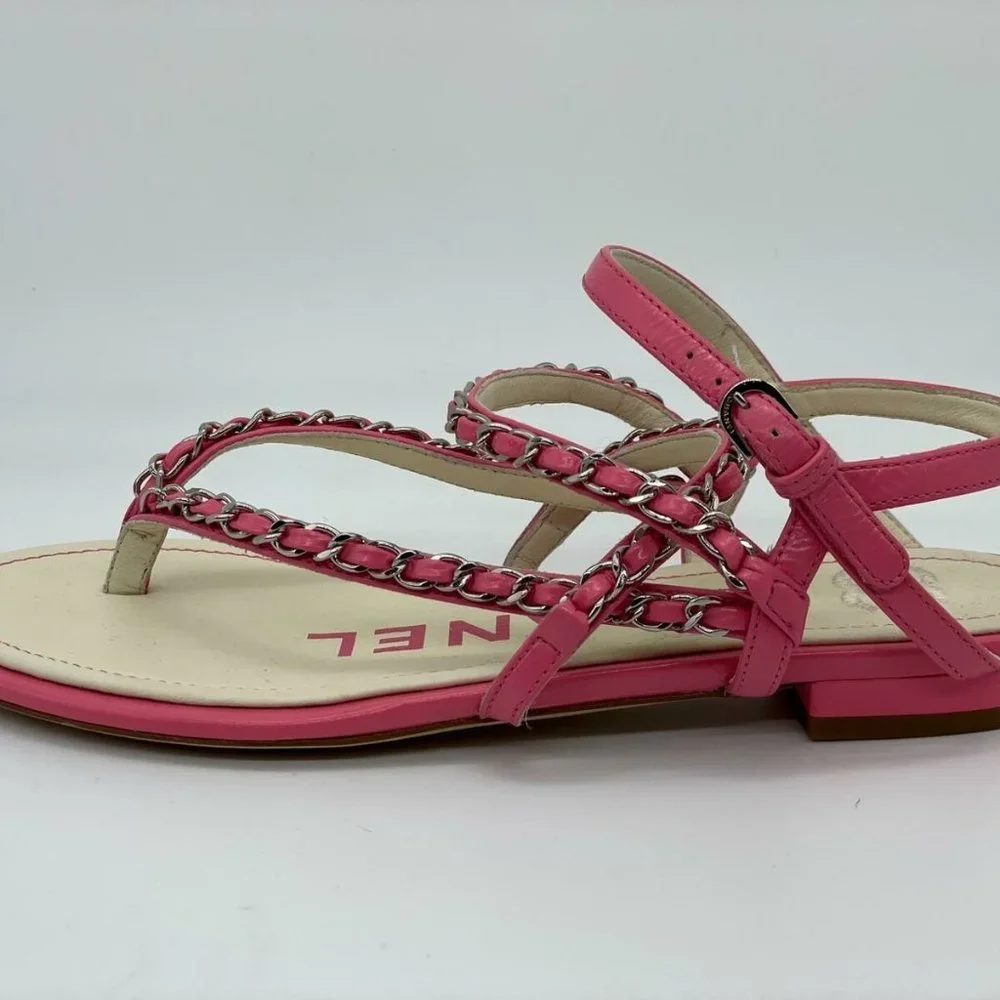 CHANEL 19P Leather Chain Strappy Thong Flat Sandals Shoes - Picture 2 of 10